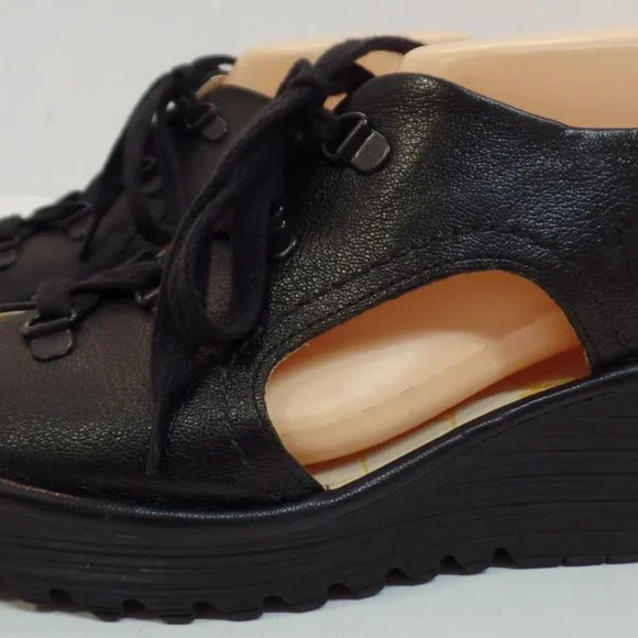 FLY London Black Leather Wedge Lace Up Sandals Shoes "Ylfa" Size 41 or US 10.5 - Picture 4 of 12